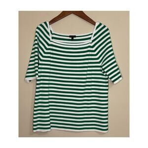 Talbots Short Sleeve Top Women's XL Green & White Stripe Pullover Heavy Knit
